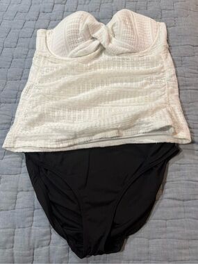 Set of 2 Bathing Suits       White Bandeau Swim Top with Black High-Waist Bottom